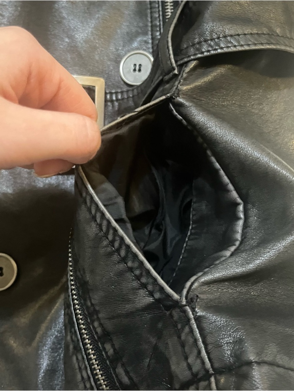🛍️ $13 ADD-ON | Black & Silver Faux Leather Belted Button Zipper Jacket George - Picture 11 of 16